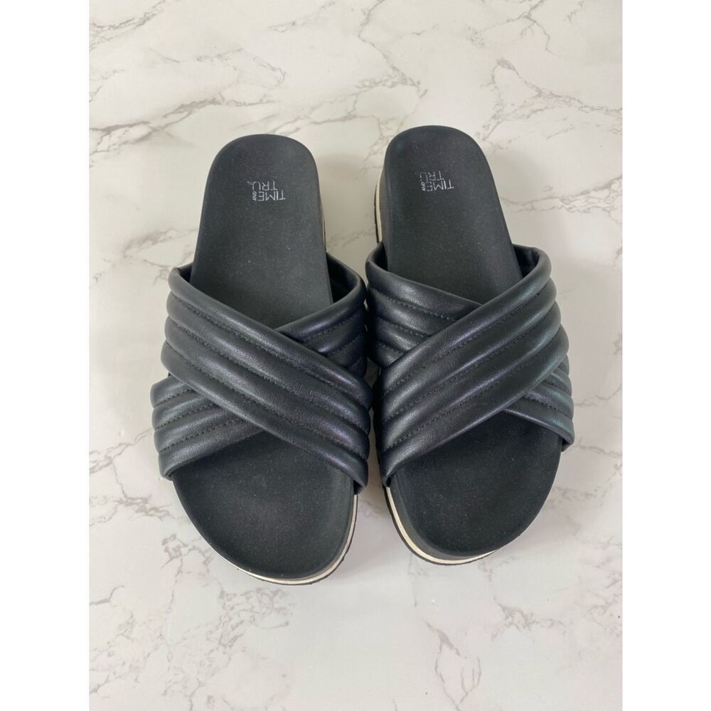 Time and Tru Black Quilted Crossband Slide Sandals
